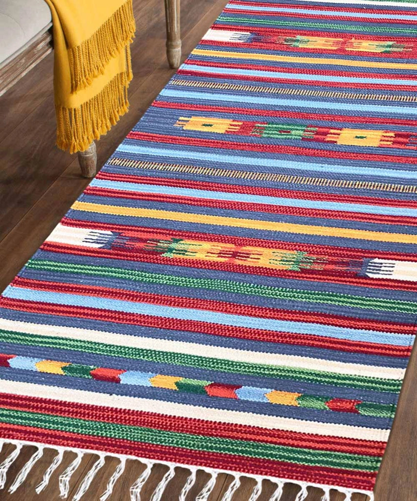 Tappeto KELIM 01 disegni etnici orientali colori vivaci cm.90x150 tessuto e frangia 100% cotone, lavabile in lavatrice
