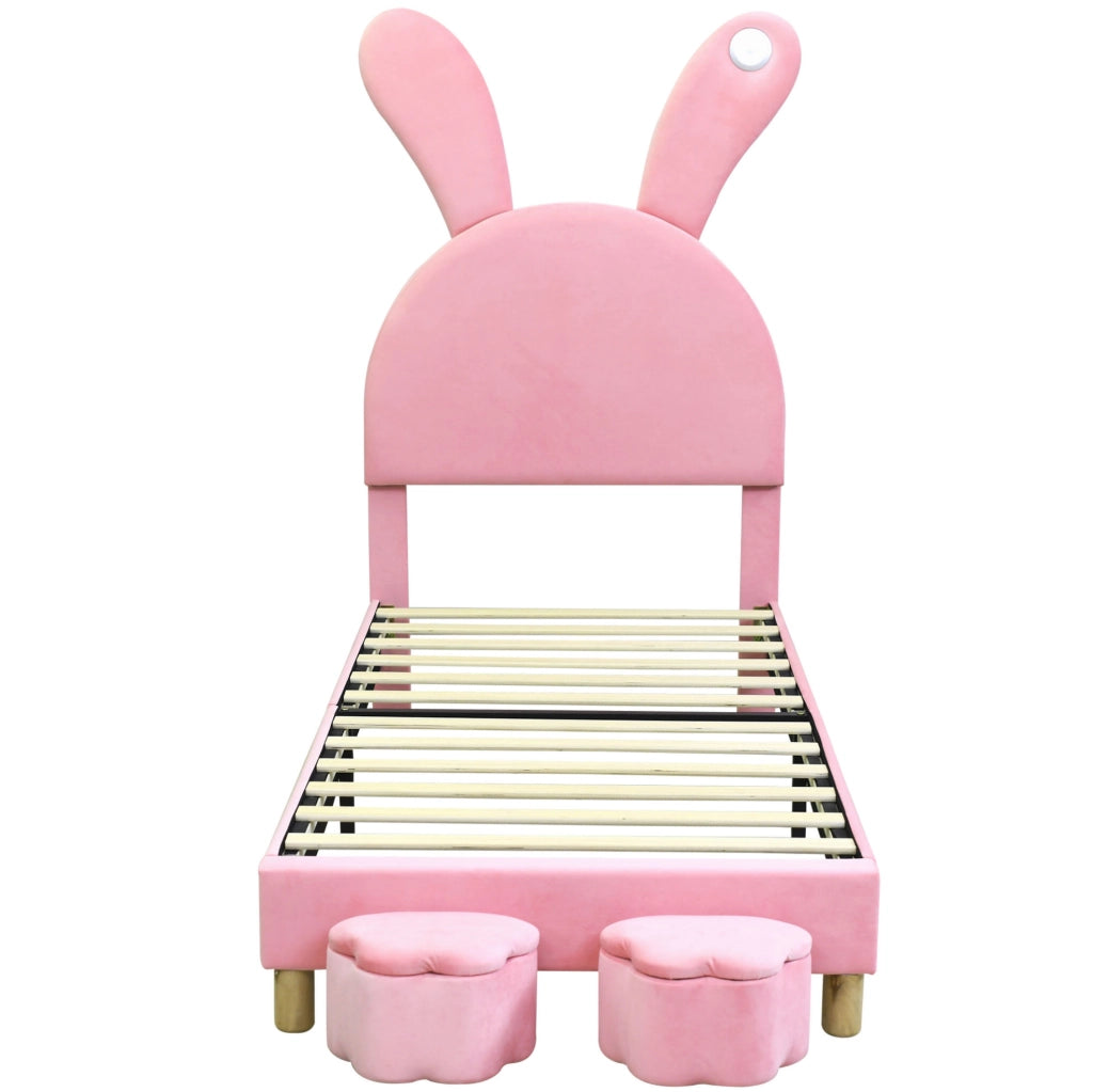 Letto imbottito 90x200 cm con 2 panche contenitore; LED e orecchie pieghevoli; velluto rosa
