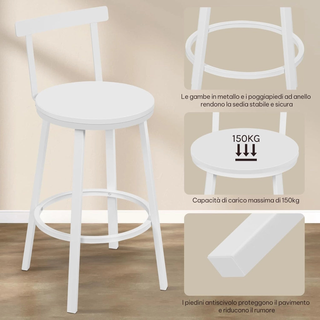 Sgabelli Cucina Set di 6, Sgabelli da Bar per Colazione, con Poggiapiedi e Schienale, Struttura in Metallo, Bianco