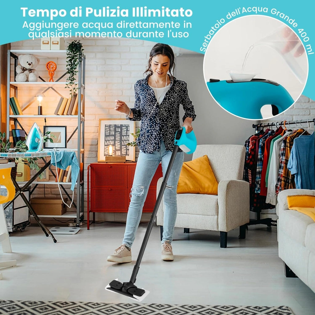 1500W Pulitore a Vapore Portatile, Macchina a Vapore con Serbatoio d'Acqua da 400 ml Blocco per Bambini e Kit di Accessori da 14 Pezzi, 33x13x24,5 cm (Blu)