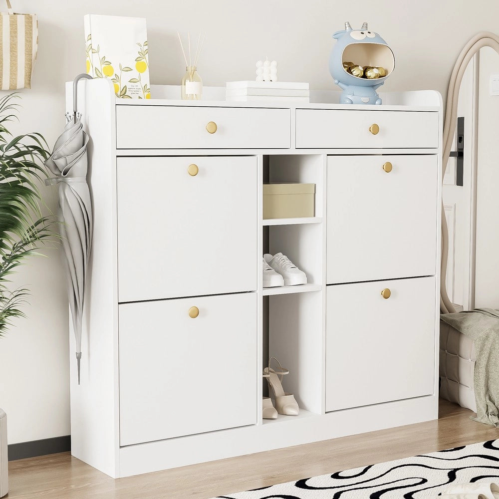 Scarpiera con 4 Ante Ribaltabili, 2 Cassetti e 3 Ripiani ¨C MINIMAL ¨C Bianco, 110x26x100 cm