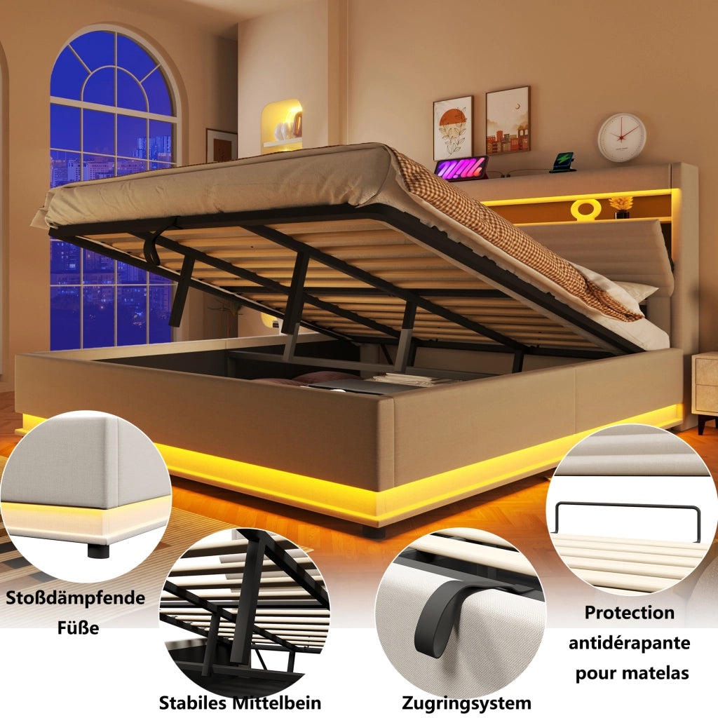 Letto Contenitore 180x200 cm con USB Tipo C; LED e testiera imbottita in lino Beige