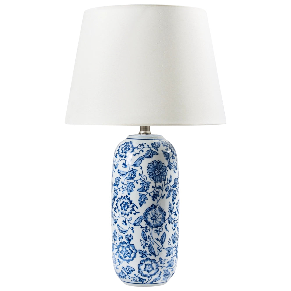 Lampada da tavolo Base in porcellana blu e bianca Paralume in lino ornato da motivi floreali Illuminazione del soggiorno e della camera da letto