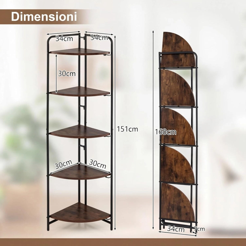 Libreria Angolare Pieghevole, Scaffale Stretto in Legno a 5 Ripiani, Organizer per Libri con Struttura Metallica, Design Industriale e Salvaspazio, per Casa Ufficio Studio, 34x34x151 cm