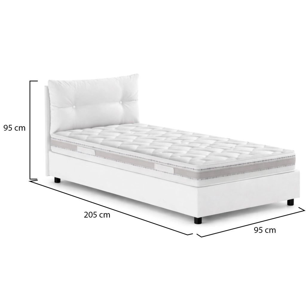 Letto singolo Sabazia, Letto contenitore con rivestimento in tessuto, Made in Italy, Apertura frontale, con materasso cm 80x190 incluso, Bianco