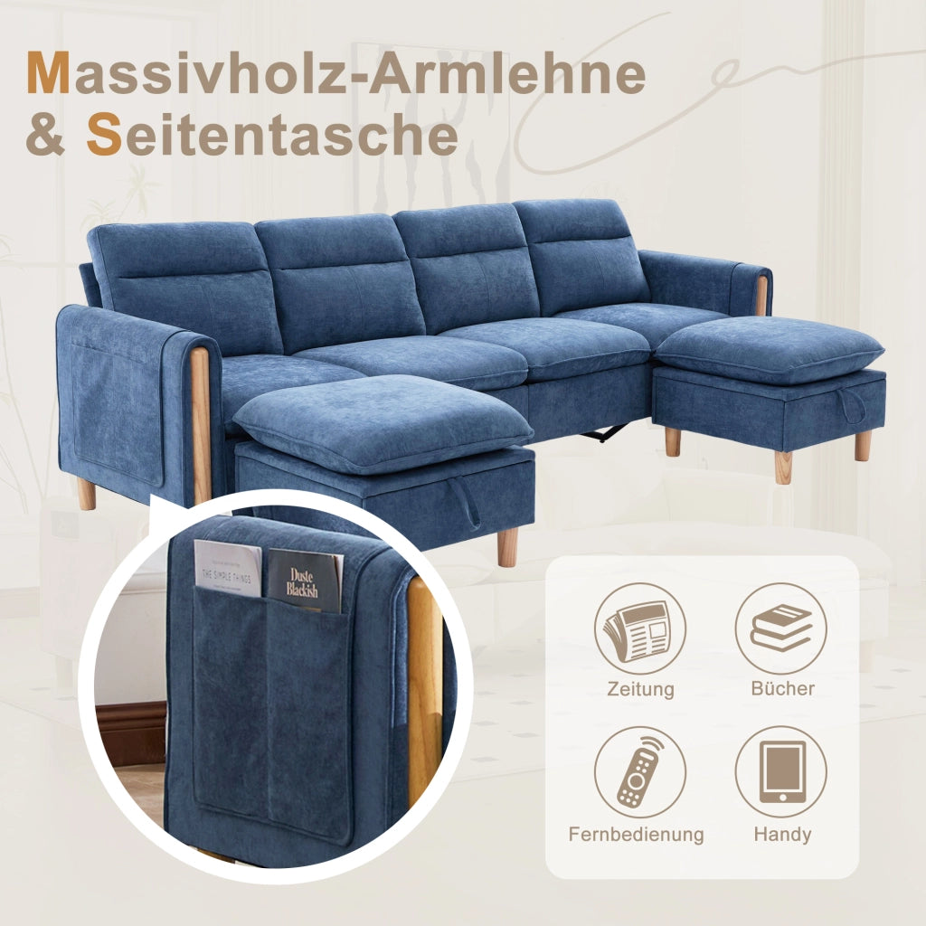 Divano panoramico a U modulare con 2 pouf contenitore e tasche laterali in chenille blu 261 × 77 × 86 cm