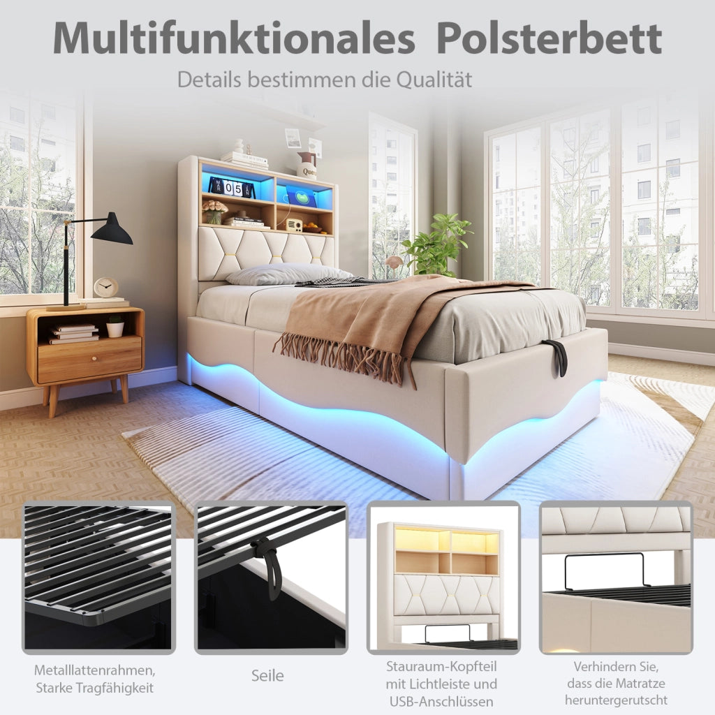 DESMIU Lit enfant 90 × 200 cm con LED, USB, vano contenitore, senza materasso, beige