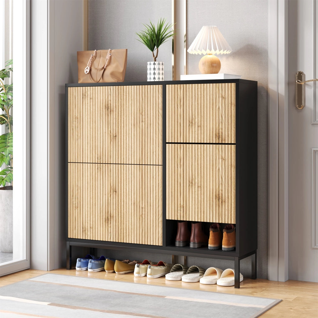 Scarpiera con 3 Ante a Ribalta e Panca Estraibile; Vano a Giorno; Stile Moderno; in MDF; Nero e Naturale; 100×25×100 cm