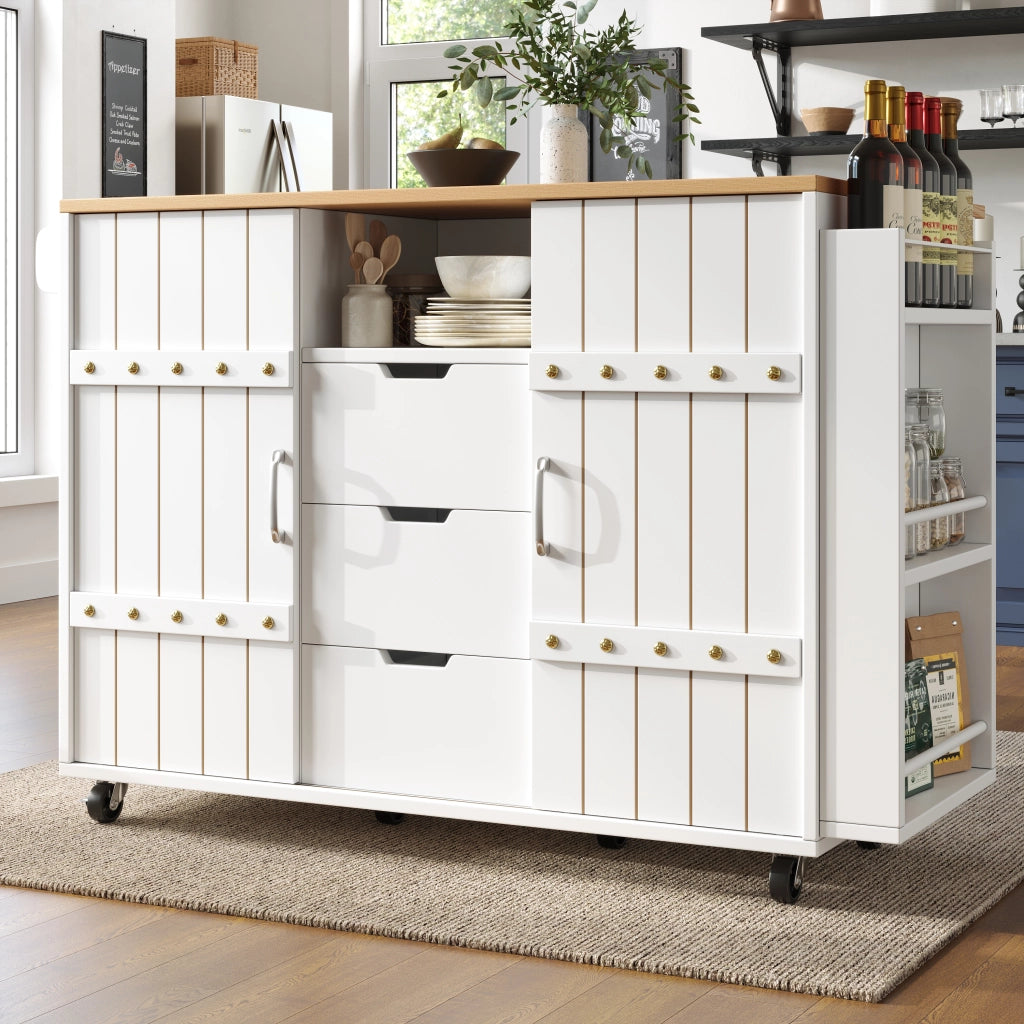 Carrello da Cucina con 2 Ante Scorrevoli; 3 Cassetti; Ripiano Laterale; Piano Ribaltabile e Ruote; in MDF; 110x42x90 cm; Bianco