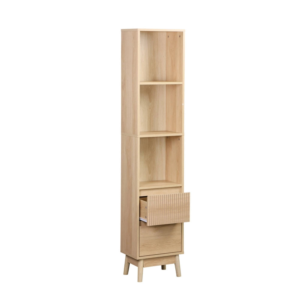 Colonna di stoccaggio decorativa in legno con 3 ripiani e 2 cassetti,