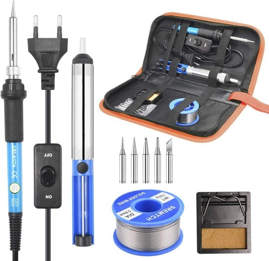 Set di saldatura elettrico 60 W - regolazione di temperatura - 200~450 °C - 5 punte di saldatura - filo di saldatura - pompa di desaldatura - supporto - sacchetto di protezione per attrezzi di saldatura