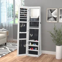 Specchio Portagioie a LED con 4 Scaffali e Spazi Portaoggetti, in Legno e Vetro, 15x15x61.75 cm, Bianco