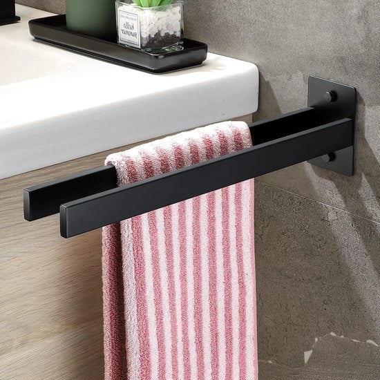 Tende da Bagno a Drilling in Acciaio Inossidabile Tende da Bagno Quadrata Doppio Supporto per Asciugamani Drilling Tende da Bagno per Bagno Cucina Tende da Bagno per Asciugamani da Bagno Due Braccia Tende da Bagno per Parete Nero 39 cm