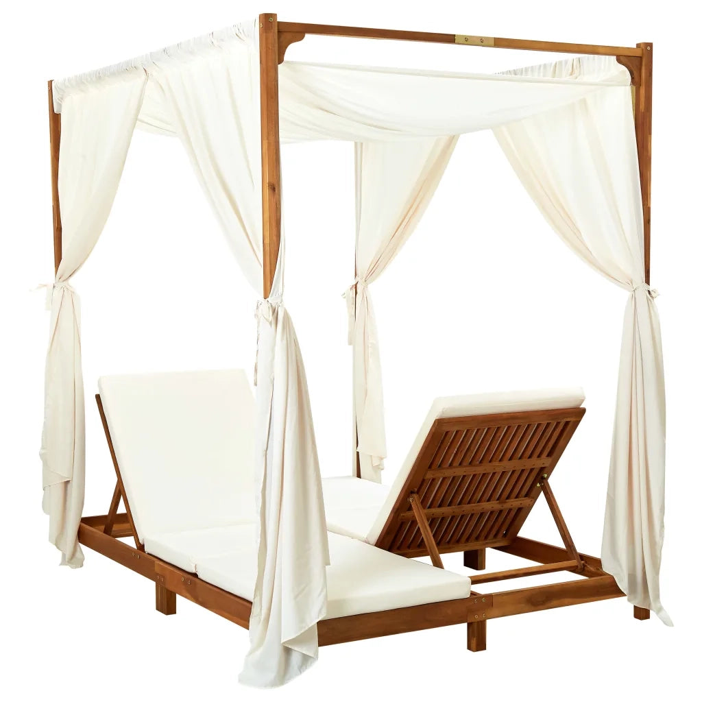 Lettino Prendisole Doppio con Tende e Cuscini in Legno Acacia cod mxl 41584