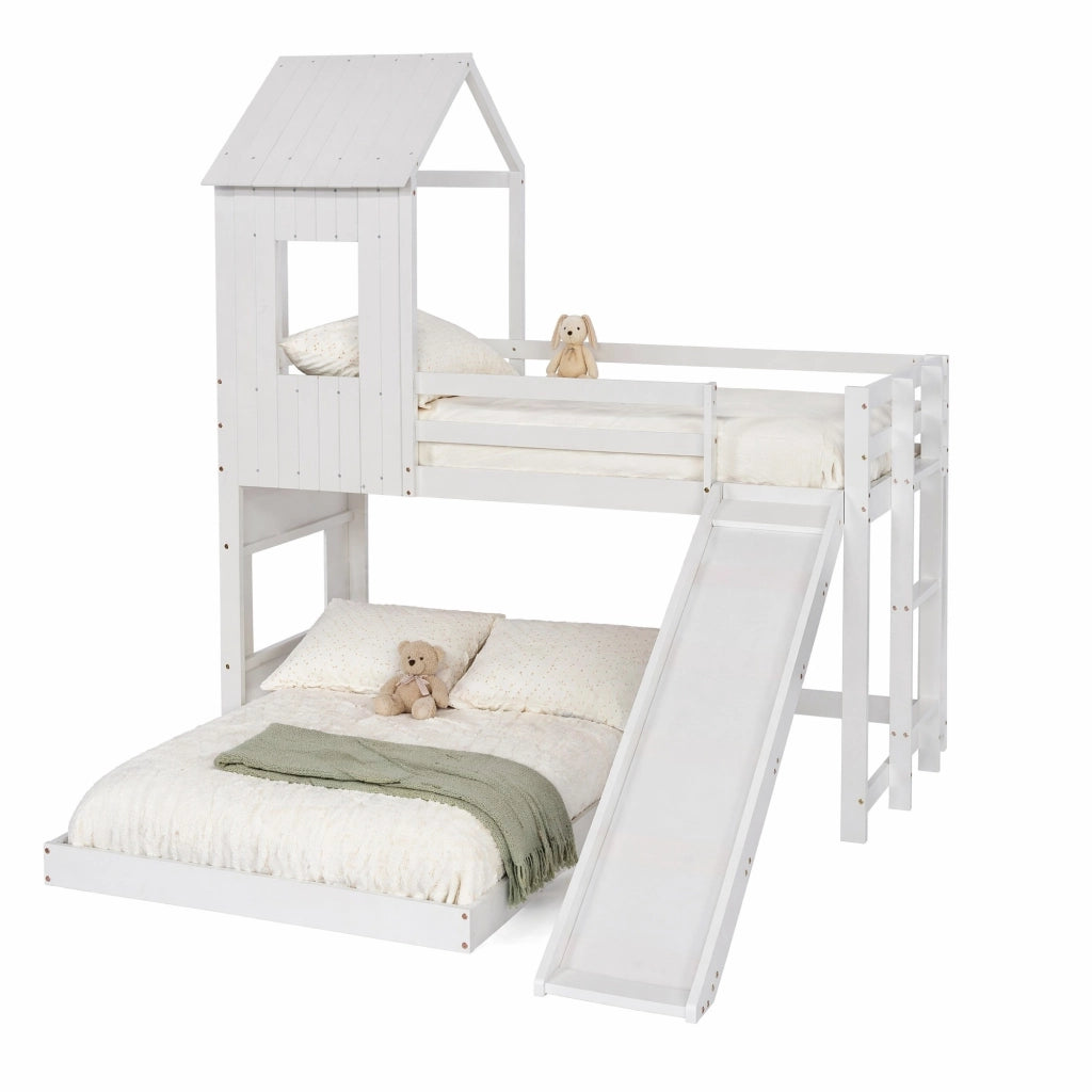 Letto a castello con scivolo e casetta, bianco, 90x200 cm e 140x200 cm