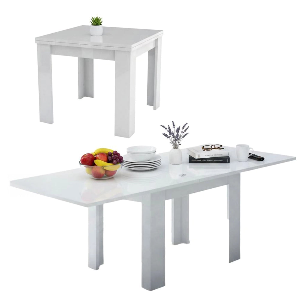 Tavolo da pranzo con apertura a Airin, Made in Italy, Consolle ausiliare da cucina, Tavoloallungabile, cm 90x90h75, Bianco lucido