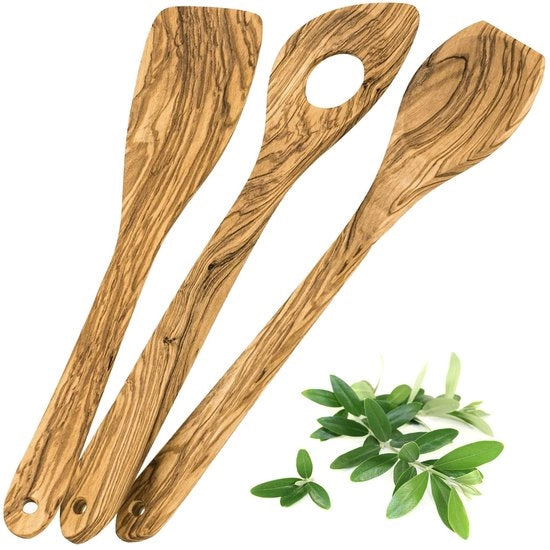Set di 3 cucchiai in legno di olivo di alta qualità, cucchiaio in legno con foro e spatola, insieme da cucina, prodotto naturale artigianale, antibatterico e termoresistente, utensili da cucina in legno