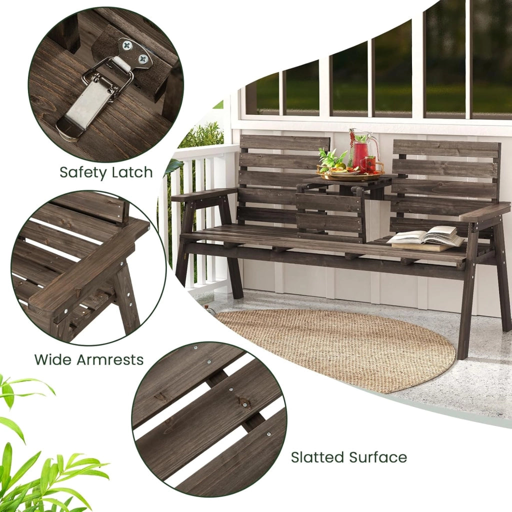 GIANTEX Panchina da giardino con tavolo, in legno massiccio con tavolo centrale pieghevole, panca a 3 posti, panca ergonomica con schienale e braccioli, panca da giardino e terrazza, portata fino a