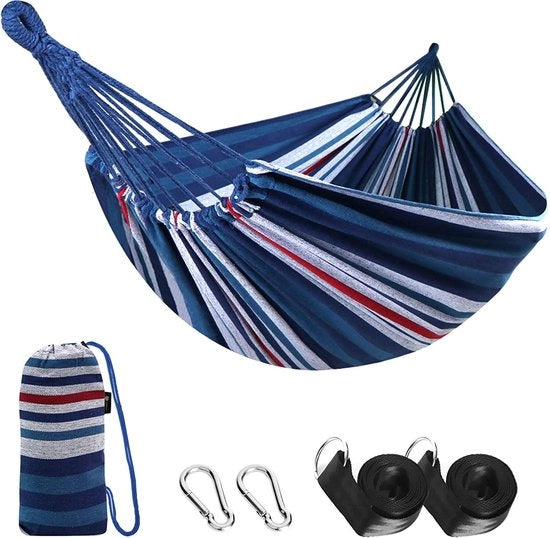 Hangmat per esterno, cotone, 210 x 150 cm, sostenibile fino a 200 kg, blu scuro/bianco