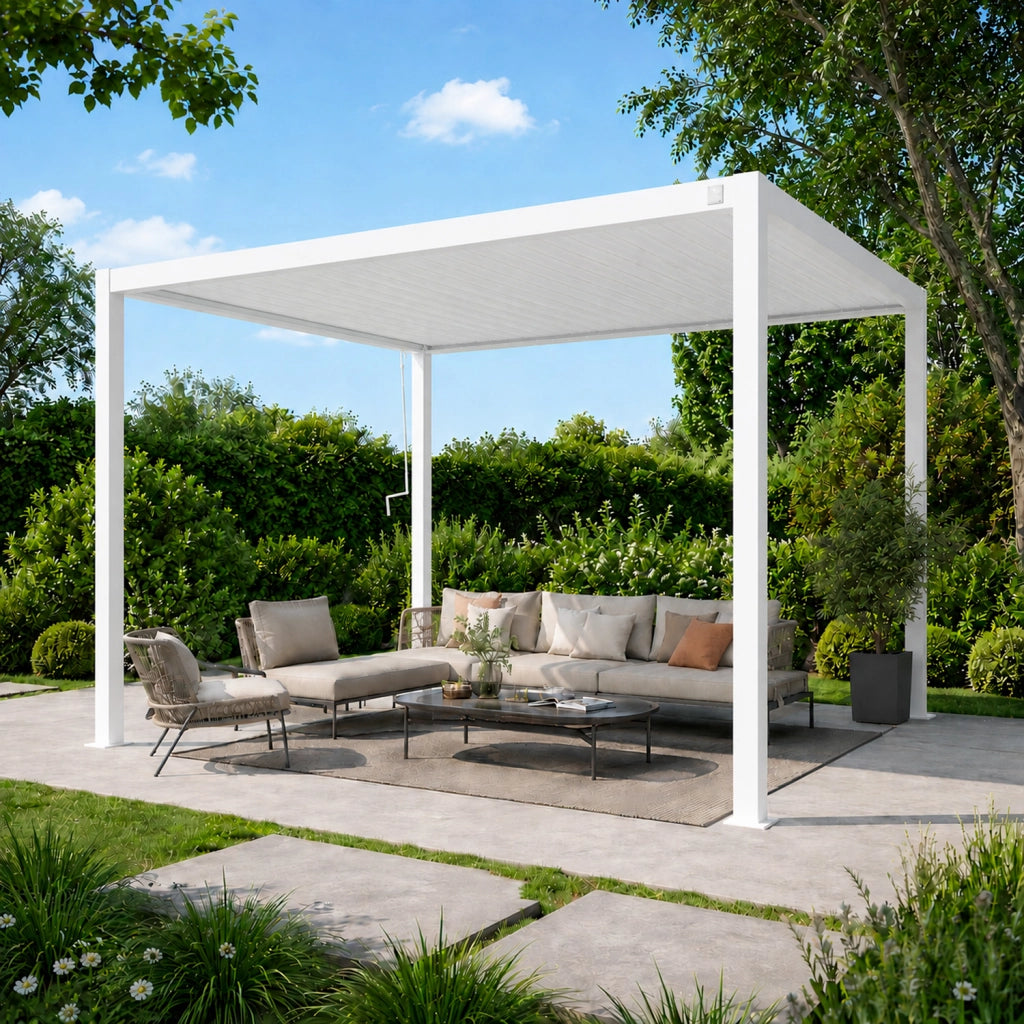 Pergola Gazebo Bioclimatica 3X4 Metri Con Tetto A Lamelle Orientabili Sistema Di Drenaggio Struttura In Acciaio E Alluminio Resistente Ai Raggi UV Per Giardino Terrazza E Piscina Bianco Opaco