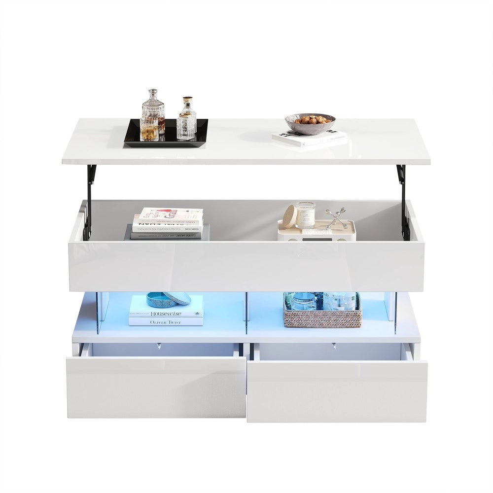 Tavolino da Caff¨¨ Sollevabile con LED e Cassetti ¨C MINIMAL ¨C Bianco MDF Lucido 100x50x46