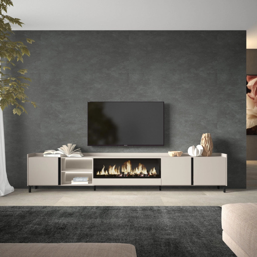 Mobile TV Soggiorno, 315x61x35 cm, Per TV fino a 80", Camino elettrico XXL, Design industriale, LED, Beige