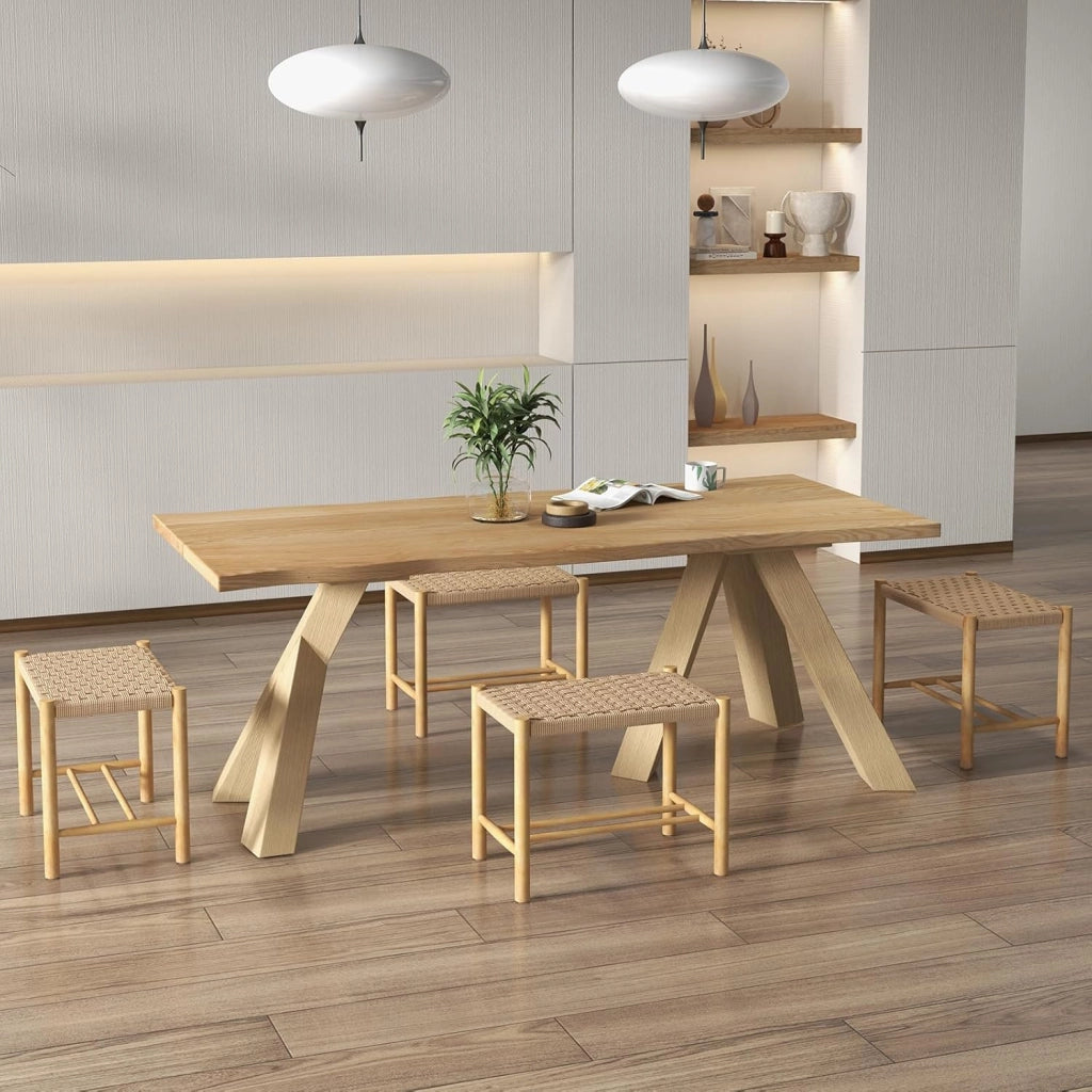 Set di 2 sgabelli da bar, da cucina, in legno e carta intrecciata, con poggiapiedi, per sala da pranzo, da cucina, in legno naturale (56 x 36 x 45 cm)