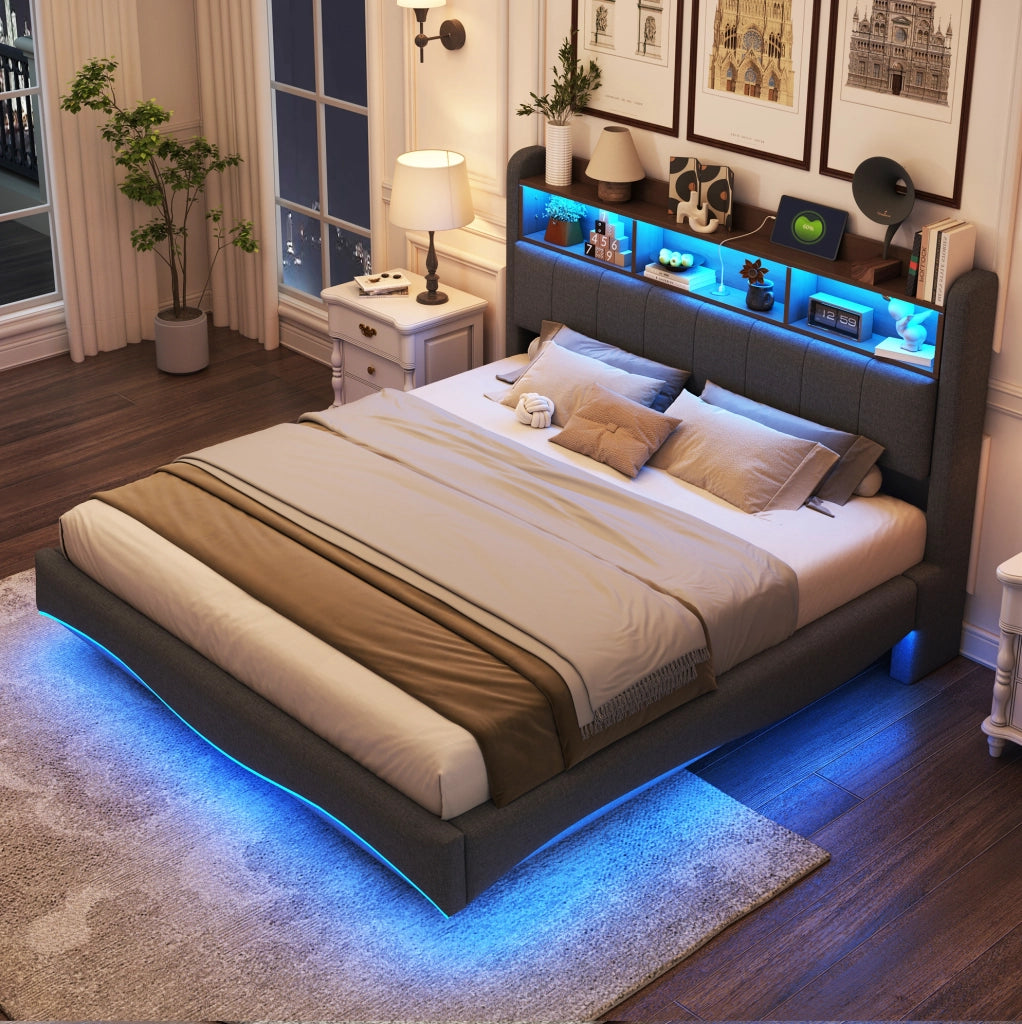 Letto imbottito sospeso con LED; USB e Type-C; 160 x 200 cm; grigio