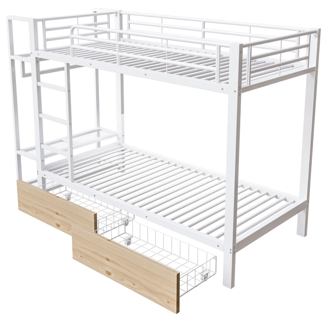 Letto a castello 90x200 cm in metallo e MDF; 2 cassetti; LED; bianco