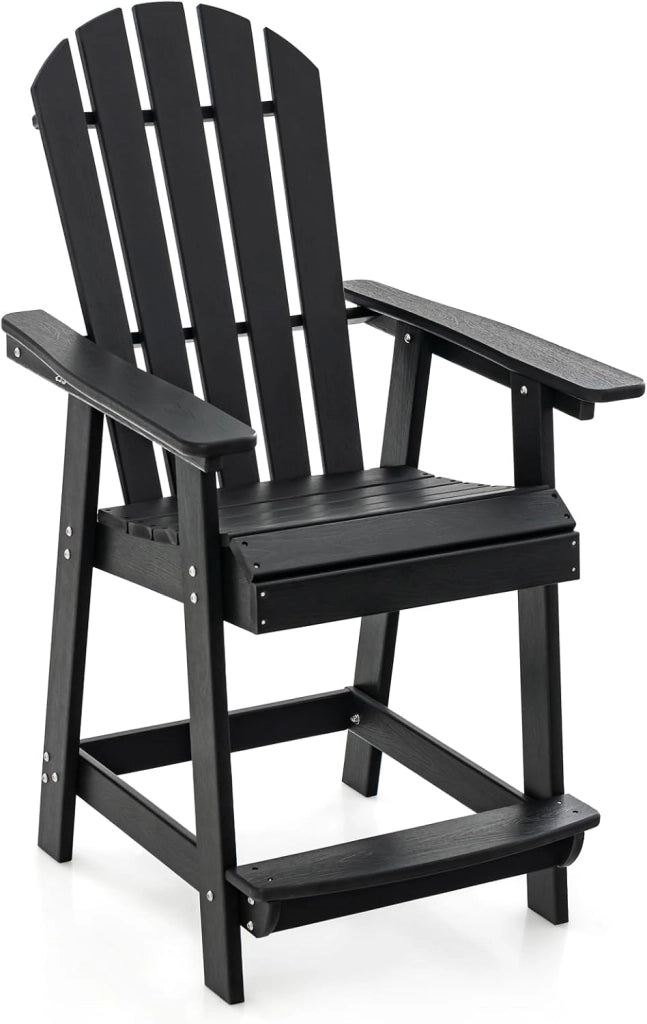 Sedia alta da giardino con poggiapiedi, sedia Adirondack in HDPE, seduta esterna con braccioli e schienale, sgabello per patio, terrazza, balcone, carico 150 kg, 70 x 85 x 119 cm (nero)