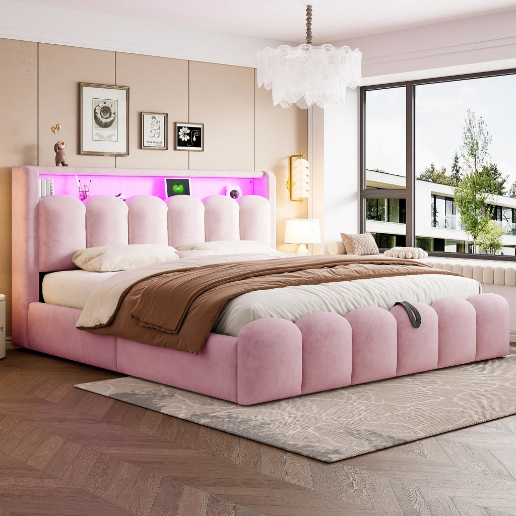 Letto imbottito con contenitore idraulico, USB-C e LED, 180x200 cm, velluto rosa