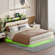 Letto imbottito 160x200 cm con LED e USB; testiera con contenitore e ripiani; tessuto lino beige