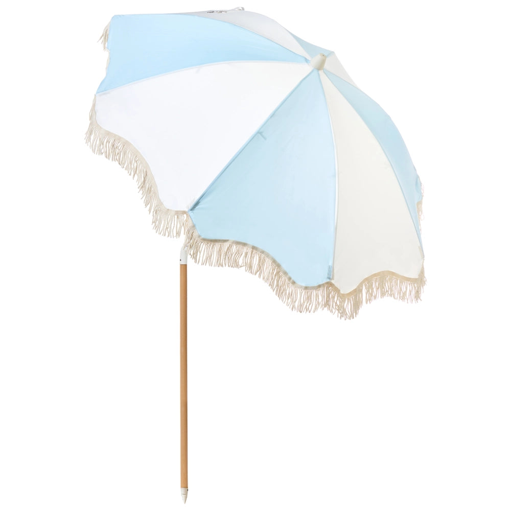 Ombrellone giardino tessuto azzurro e bianco palo in legno faggio 150 cm Ombrellone esterno rotondo giardino retrò inclinabile resistente ai raggi UV