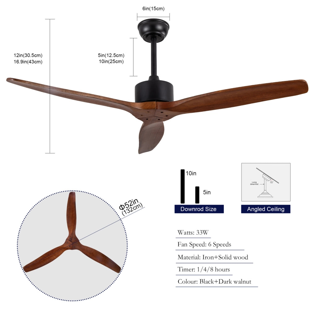 Ventilatore da soffitto a 3 pale in legno massello; con telecomando; senza luce; colore noce