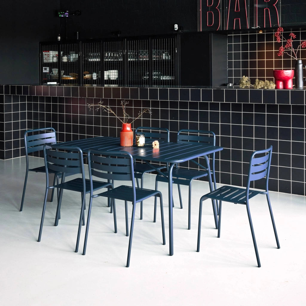 Set tavolo da giardino bistrot in acciaio con 6 sedie, 140cm, blu navy