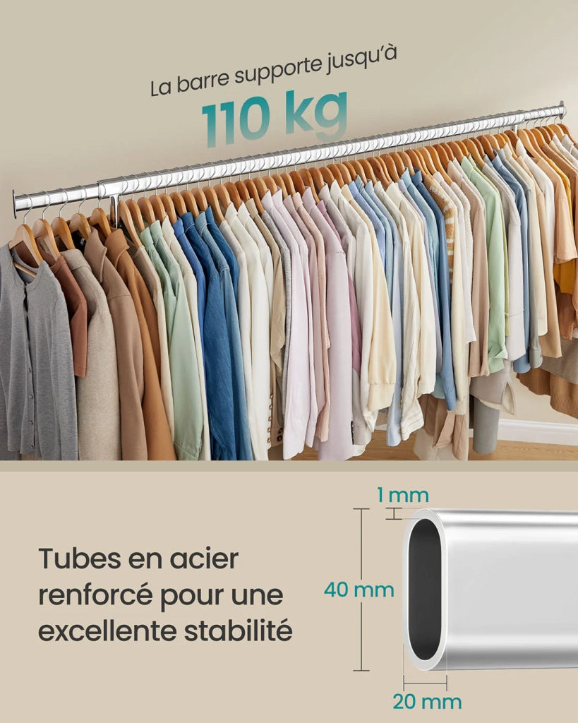 Appendiabiti con ruote barra appendiabiti estensibile per carichi pesanti capacità di carico 110 kg 45 x (160-200) x 162,9 cm appendiabiti in metallo cromato argento 12_0006974
