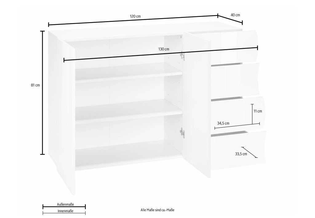 Mobile Multiuso 2 Ante 4 Cassetti Onda 124x40x81 cm Finitura in Melamina Antracite Opaco