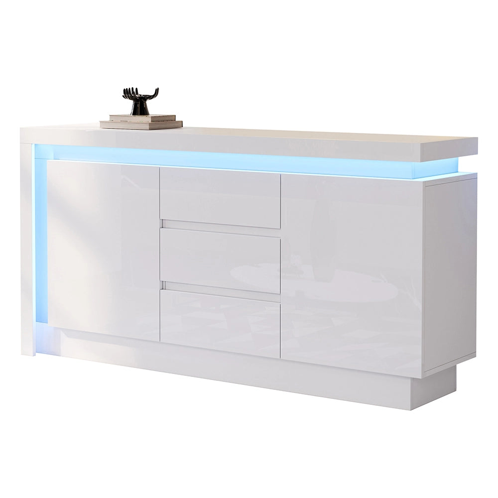 Credenza 140x35x72cm - Xylo - 3 Cassetti e 2 Ante Lucide con LED, Bianco