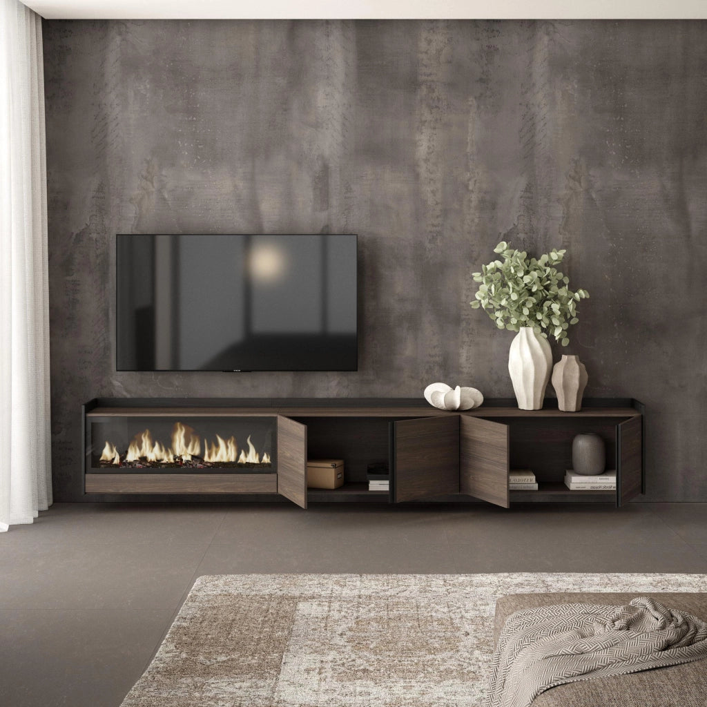 Mobile TV Soggiorno, 315x50x35 cm, Per TV fino a 80", Camino elettrico XXL, Sospeso, da appendere, Rovere scuro e Nero