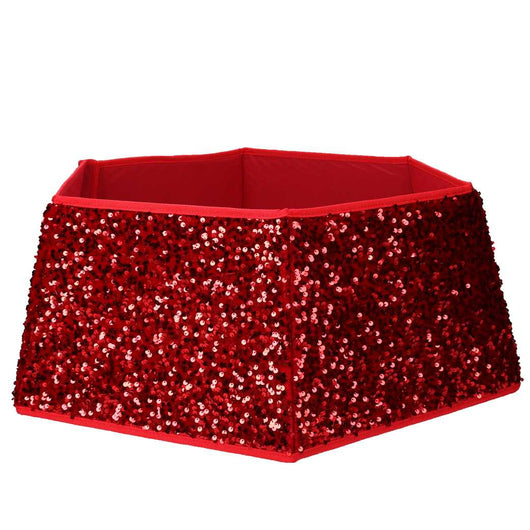 Copri base albero tessuto pieghevole rosso double face esagonale glitter cm Ø68xh25