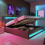 Letto matrimoniale imbottito 140x200 cm con LED; USB e contenitore; grigio in lino