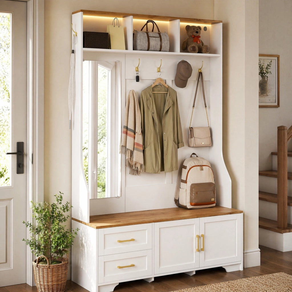 Mobile guardaroba con LED; specchio e panca 120x40x187 cm in MDF bianco e legno