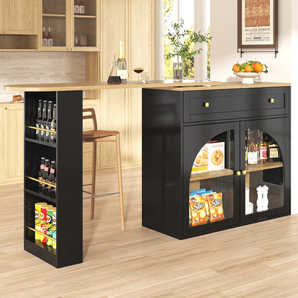 Tavolo da pranzo allungabile con scaffale laterale a 3 ripiani e ante in vetro girevole per cucina 138-204x39x104 cm