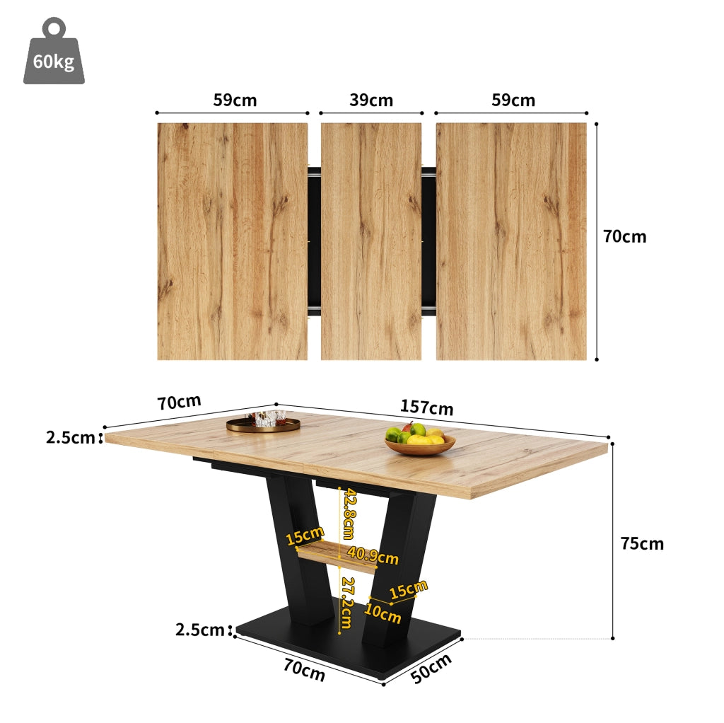Tavolo da pranzo 118x70x75 cm; allungabile con gambe incrociate; MDF; nero e colore naturale