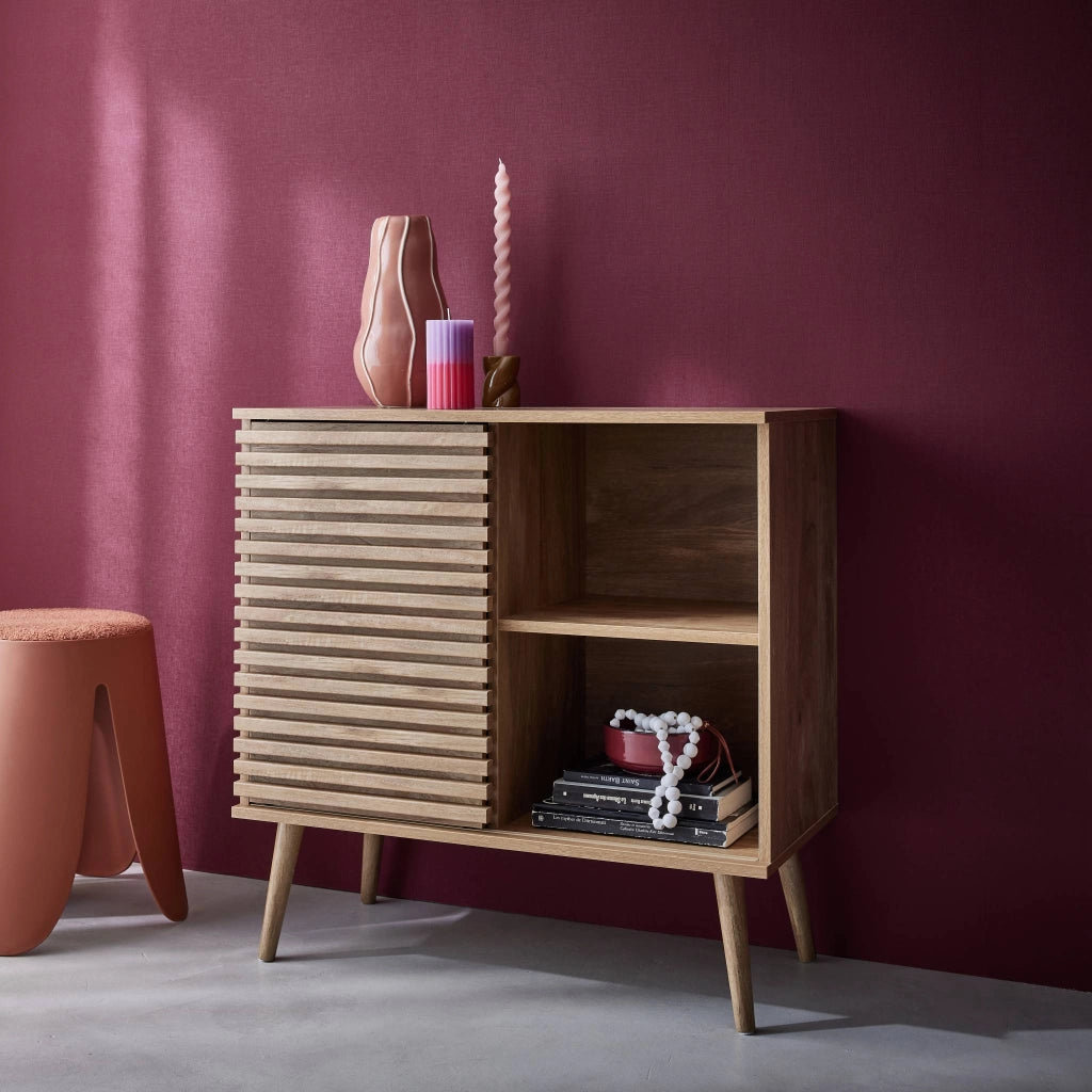 Credenza scandinava effetto legno e anta scorrevole scanalata, 80cm,