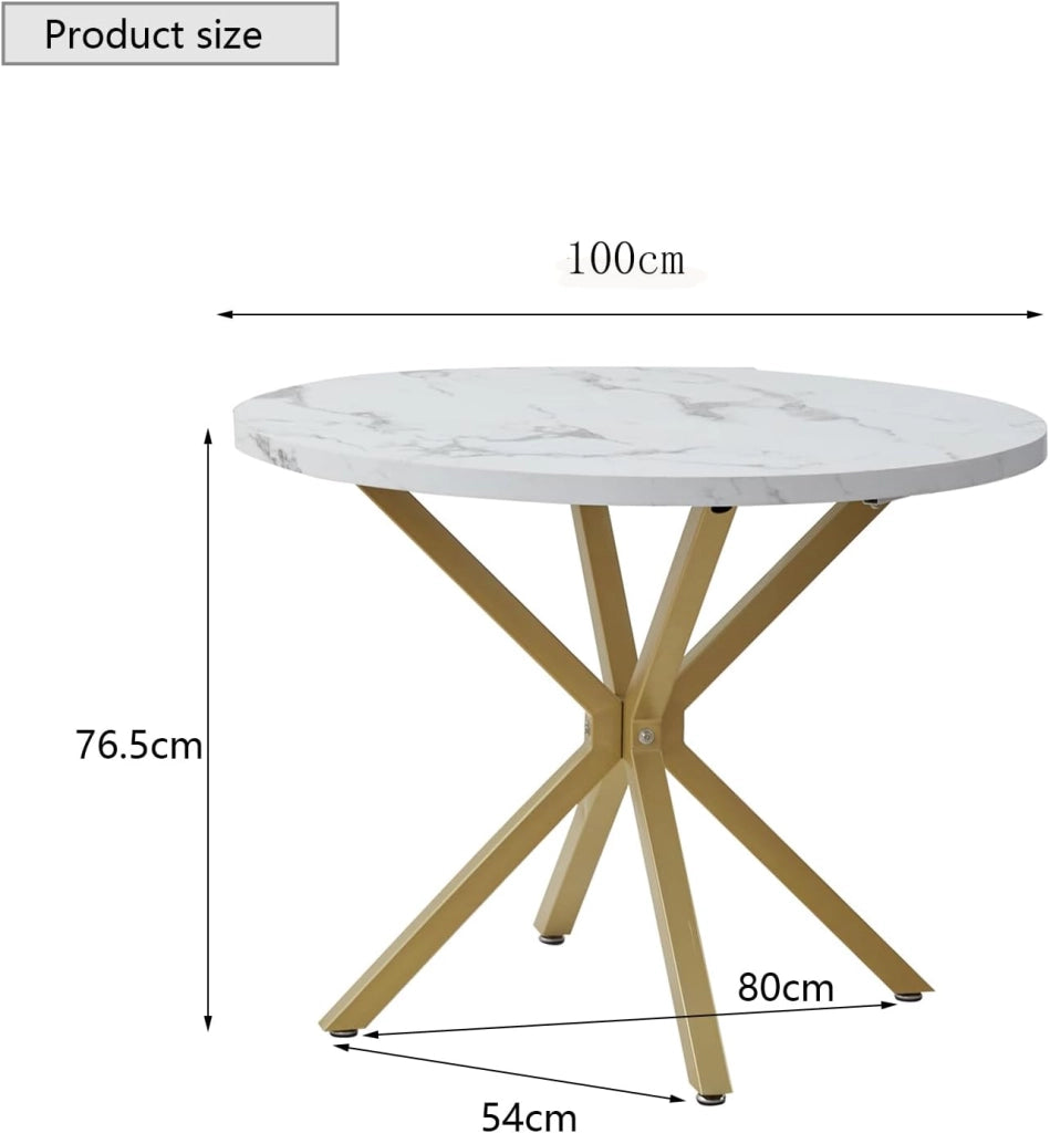 GrandCA HOME Tavolo da Pranzo Rotondo con Piano Moderno Effetto Marmo, Tavolo da Pranzo da Cucina con Quattro Gambe in Metallo, per Sala da Pranzo, Bianco+GDL