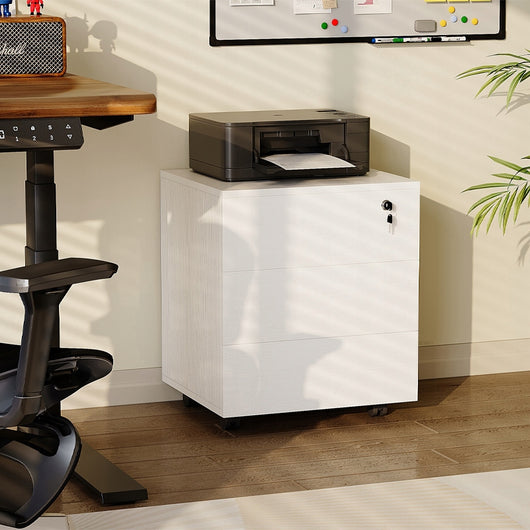 Contenitore da ufficio su ruote con cassetti con serratura, armadio mobile bianco