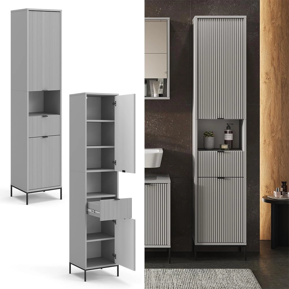Armadio per il bagno Eliza, Grigio, 40 x 190 cm con ante e cassetto, per la conservazione di accessori da bagno e combinabile con la serie Eliza