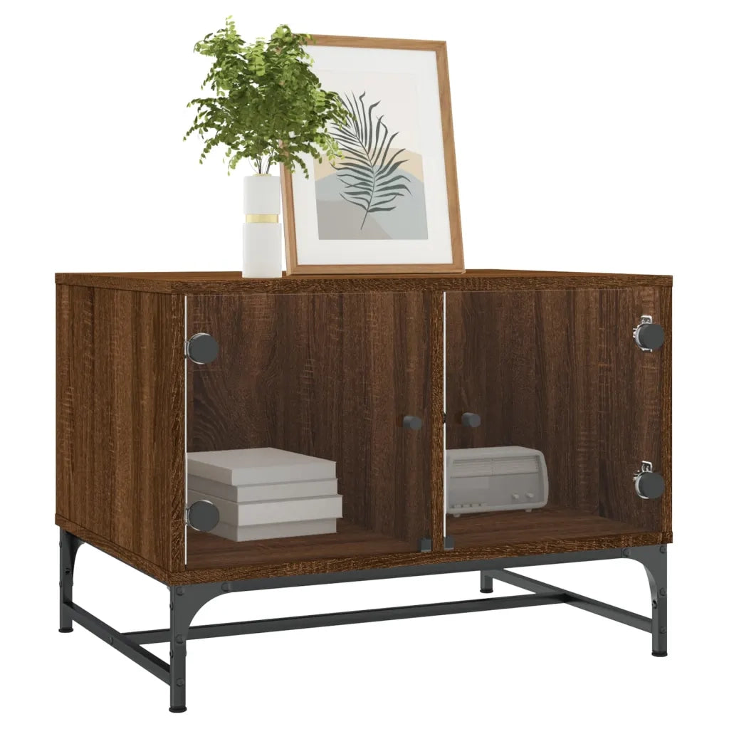 Tavolino salotto | Tavolino da caff¨¨ | Tavolino da Soggiorno con Ante in Vetro Rovere Marrone 68,5x50x50cm