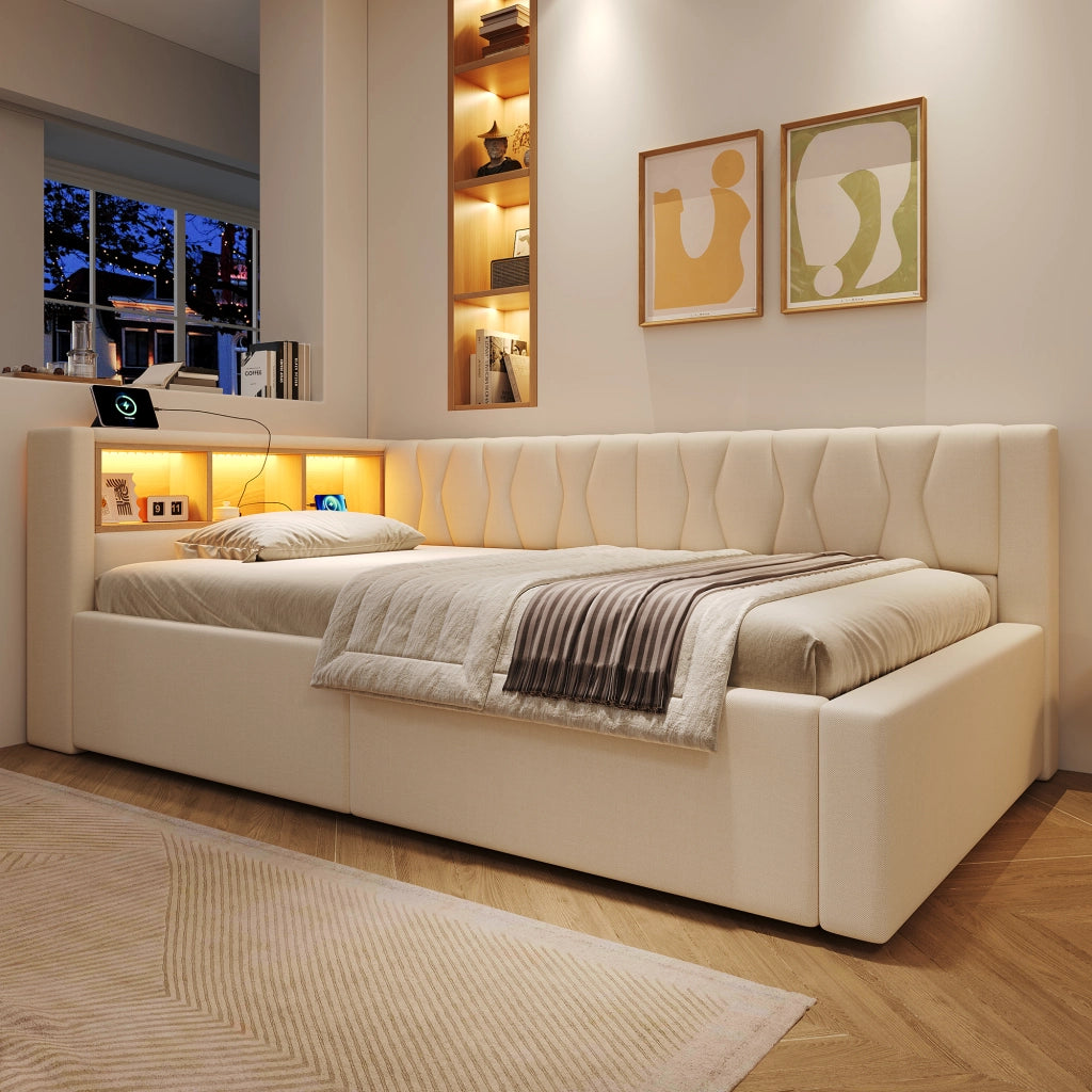 Letto contenitore 90x200 cm con LED dimmerabile; testiera con ripiano e prese USB; beige